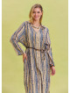 Patterned Shirt Collar Belt Detailed Beige Long Sleeve Dress 4450